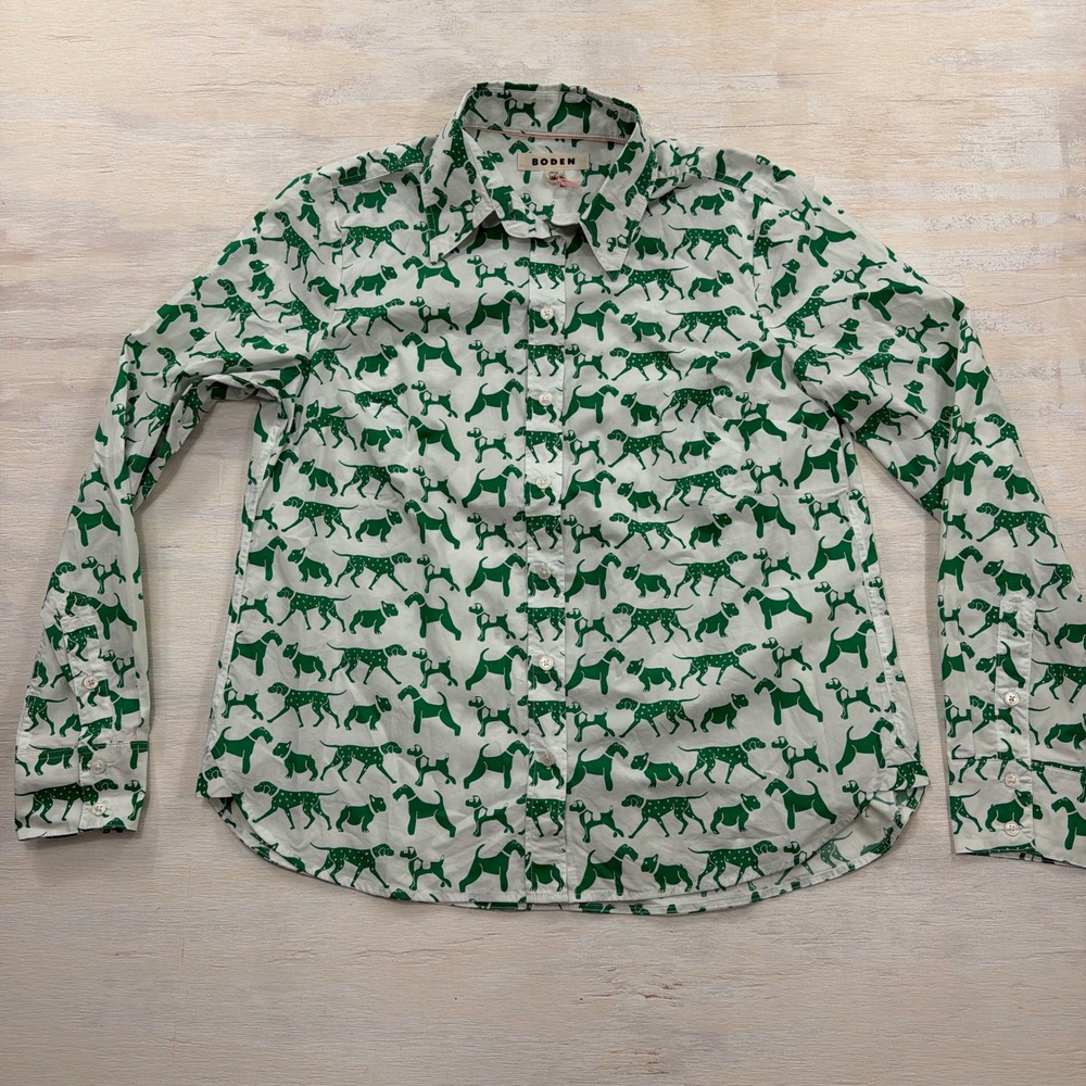 Boden Button Down Shirt 8 Long Sleeve Dog Print Green White Women